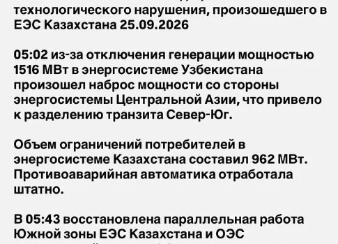 Утренний сбой в Узбекистане обесточил часть Казахстана